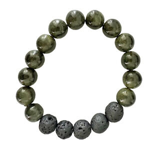 Lava Stone & Dark Green Stone Stretch Beaded Bead Bracelet 3" Boho Earthy Forest